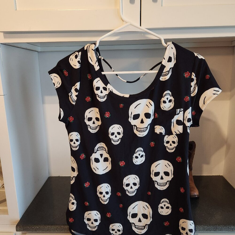 Halloween Skelton and roses XL Black womens tank top